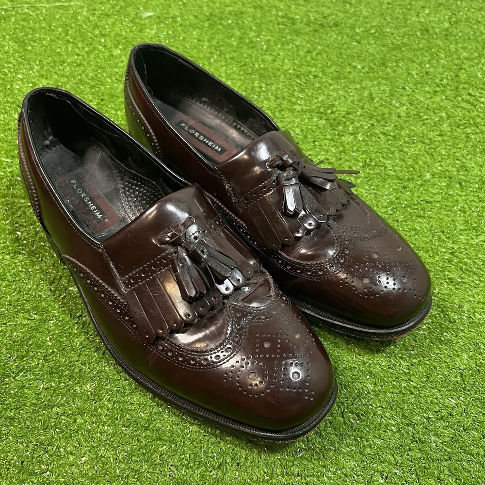 Retro FLORSHEIM Burgundy Tassle‎  Loafers 8.5 D  Kiltie Wingtip Slip On Preppy